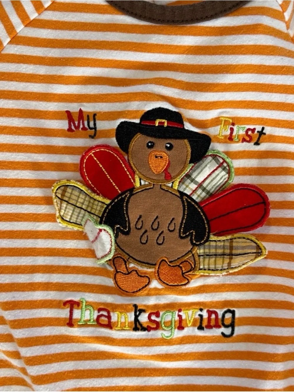 Toffee Apple My First Thanksgiving Orange and White Romper with Turkey Appliqué